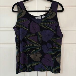 Chico's Travelers Size 3 Black and Purple Leaf Print Tank Top Chicos XL Tropical
